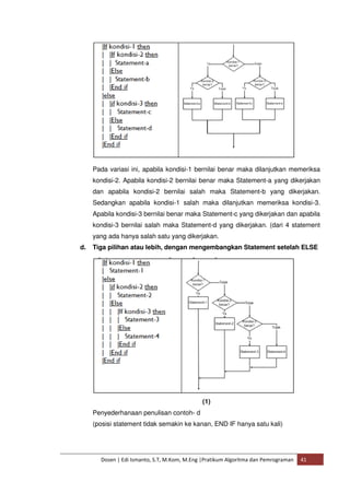 Pada variasi ini, apabila kondisi-1 bernilai benar maka dilanjutkan memeriksa 
kondisi-2. Apabila kondisi-2 bernilai benar maka Statement-a yang dikerjakan 
dan apabila kondisi-2 bernilai salah maka Statement-b yang dikerjakan. 
Sedangkan apabila kondisi-1 salah maka dilanjutkan memeriksa kondisi-3. 
Apabila kondisi-3 bernilai benar maka Statement-c yang dikerjakan dan apabila 
kondisi-3 bernilai salah maka Statement-d yang dikerjakan. (dari 4 statement 
yang ada hanya salah satu yang dikerjakan. 
d. Tiga pilihan atau lebih, dengan mengembangkan Statement setelah ELSE 
(1) 
Penyederhanaan penulisan contoh- d 
(posisi statement tidak semakin ke kanan, END IF hanya satu kali) 
Dosen | Edi Ismanto, S.T, M.Kom, M.Eng |Pratikum Algoritma dan Pemrograman 41 
 