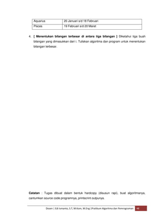 Aquarius 20 Januari s/d 18 Februari 
Pisces 19 Februari s/d 20 Maret 
4. [ Menentukan bilangan terbesar di antara tiga bilangan ] Diketahui tiga buah 
bilangan yang dimasukkan dari i. Tuliskan algoritma dan program untuk menentukan 
bilangan terbesar. 
Catatan : Tugas dibuat dalam bentuk hardcopy (disusun rapi), buat algoritmanya, 
cantumkan source code programnya, printscrint outpunya. 
Dosen | Edi Ismanto, S.T, M.Kom, M.Eng |Pratikum Algoritma dan Pemrograman 48 
 