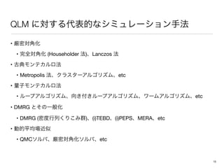 QLM
• 

• (Householder ) Lanczos 

• 

• Metropolis etc

• 

• etc

• DMRG 

• DMRG ( ) (i)TEBD (i)PEPS MERA etc

• 

• QMC etc
15
 