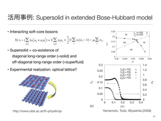 : Supersolid in extended Bose-Hubbard model
• Interacting soft-core bosons

• Supersolid = co-existence of 
diagonal long-range order (=solid) and 
oﬀ-diagonal long-range order (=superﬂuid) 

• Experimental realization: optical lattice?
II. MODEL
We analyze the extended Bose-Hubbard Hamiltonian on a
bic lattice
H = − t͚͗ij͘
͑ai
†
aj + aiaj
†
͒ + V͚͗ij͘
ninj
+
1
2
U͚i
ni͑ni − 1͒ − ␮͚i
ni, ͑1͒
here ai
†
and ai are the creation and annihilation operators of
boson ͓͑ai,aj
†
͔=␦ij͒ and ni=ai
†
ai. The parameter t denotes
e hopping matrix element, U and V are the on-site and
arest-neighbor repulsions, respectively, and ␮ is the
emical potential. The notation ͗ij͘ means the sum over the
arest-neighbor pairs. The system size is N=L3
, where L is
e length of the system. The order parameter of the solid
te is
S␲ =
1
N2 ͚jk
eiQ·͑rj−rk͒
͗njnk͘, ͑2͒
here Q=͑␲,␲,␲͒ is the wave vector that represents the
ggered order. As for the order parameter of the superﬂuid
te, we adopt Bose-Einstein condensation fraction
B. Mean-ﬁeld approximation
We also analyze the ordering processes by
approximation.22 In order to study the solid state,
sublattice structure which is characterized by a sta
der of the density. Here we adopt mean ﬁelds for
order and superﬂuid order at sublattices A and B. T
tonian for this MF is given by
HMF = HA + HB + C,
HA = − zt͑aA
†
+ aA͒␾B + zVnAmB +
U
2
nA͑nA − 1͒
HB = − zt͑aB
†
+ aB͒␾A + zVnBmA +
U
2
nB͑nB − 1͒
C = 2zt␾A␾B − zVmAmB,
where z͑=6͒ is the number of nearest-neighbor si
mA and mB are the mean ﬁelds corresponding to t
tation values of the number operators for A and B
AMAMOTO, TODO, AND MIYASHITA PHYSICAL REVIEW B 79, 094
II. MODEL
We analyze the extended Bose-Hubbard Hamiltonian on a
cubic lattice
H = − t͚͗ij͘
͑ai
†
aj + aiaj
†
͒ + V͚͗ij͘
ninj
+
1
2
U͚i
ni͑ni − 1͒ − ␮͚i
ni, ͑1͒
where ai
†
and ai are the creation and annihilation operators of
a boson ͓͑ai,aj
†
͔=␦ij͒ and ni=ai
†
ai. The parameter t denotes
the hopping matrix element, U and V are the on-site and
nearest-neighbor repulsions, respectively, and ␮ is the
chemical potential. The notation ͗ij͘ means the sum over the
nearest-neighbor pairs. The system size is N=L3
, where L is
the length of the system. The order parameter of the solid
state is
S␲ =
1
N2 ͚jk
eiQ·͑rj−rk͒
͗njnk͘, ͑2͒
where Q=͑␲,␲,␲͒ is the wave vector that represents the
staggered order. As for the order parameter of the superﬂuid
state, we adopt Bose-Einstein condensation fraction
␳k=0 =
1
N2 ͚jk
͗aj
†
ak + ak
†
aj͘ ͑3͒
B. Me
We also analyze
approximation.22 In o
sublattice structure wh
der of the density. He
order and superﬂuid o
tonian for this MF is
H
HA = − zt͑aA
†
+ aA͒
HB = − zt͑aB
†
+ aB͒
C =
where z͑=6͒ is the nu
mA and mB are the m
tation values of the n
spectively,
mA =
YAMAMOTO, TODO, AND MIYASHITA P
http://www.uibk.ac.at/th-physik/qo
successive transitions of superﬂuid and solid for ͑t/U
=0.045,␮/U=0.7͒. As was seen in the SSE simulation, here
we ﬁnd again the suppression of the solid order by the su-
perﬂuid fraction. Namely, S␲ has a cusp at the superﬂuid
transition point. We also depict the phase diagram and com-
pare that to that of SSE ͑Fig. 8͒. They show a qualitatively
good agreement, e.g., there is the tetracritical point ͑tc,Tc͒
and the critical temperatures TS␲
and T␳s
are suppressed by
appearance of the other order as mentioned before.
Let us study the competition between the solid and super-
ﬂuid orders by analyzing the Ginzburg Landau ͑GL͒ free
energy. Since the order parameters m and ␾ take small value
in the vicinity of the tetracritical point, the GL free energy is
0
0.05
0.1
0.15
0.2
0.25
0.04 0.045 0.05 0.055 0.06
T/U
t/U
NL
SS
NS SF
TSπ
by SSE
Tρs
by SSE
FIG. 6. The t-T phase diagram for V/U=1/z and ␮/U=0.7
obtained by SSE. The transition temperatures of the solid state TS␲
are plotted by solid circles and those of the superﬂuid state T␳s
are
plotted by open circles. The lines connect the data points for the
guide to the eyes.
SUCCESSIVE PHASE TRANSITIONS AT FINITE…
sity ␳Ͻ1/2. Therefore we conﬁrm the existence of the su-
persolid phase in the region of ␳Ͻ1/2.
V. PHASE TRANSITIONS AT FINITE TEMPERATURES
Now, we study the ordered states at ﬁnite temperatures.
The phase transition between the normal liquid phase and the
solid phase is expected to belong to the universality class of
the Ising model because the phase transition occurs in the
spontaneous symmetry breaking of the order parameter with
the symmetry of Z2. On the other hand, the phase transition
of superﬂuid is expected to belong to the XY universality
class because the order parameter has the symmetry of U͑1͒.
In this section, we study the temperature dependence of these
order parameters.
A. Stochastic series expansion
First, we show the results obtained by SSE. The simula-
tions were performed in the grand canonical ensemble using
a system sizes N=103
and N=123
.
We plot the order parameters of solid, S␲, and that of
superﬂuid, ␳s, as a function of temperature for various values
of t. In Fig. 5͑a͒, we show the transition from normal liquid
to normal solid for t/U=0.02 in which only S␲ appears con-
tinuously. In the same way, the transition from normal liquid
to superﬂuid for t/U=0.08 is depicted in Fig. 5͑b͒. For
0 0.02 0.04 0.06 0.08 0.1 0.12 0.14
1/L
FIG. 4. The size dependence of the solid and the superﬂuid
order parameters for the parameter set ͑t/U=0.055,␮/U=0.25,V
=U/z͒ calculated by SSE. System sizes are from L=8 to L=16.
Dashed lines denote linear extrapolations of data points.
0
0 0.1 0.2 0.3 0.4
0
T/U(a)
0
0.05
0.1
0.15
0.2
0.25
0.3
0 0.1 0.2 0.3 0.4
0
0.2
0.4
0.6
0.8
1
1.2
1.4
Sπ
ρs
T/U
Sπ(L=12)
Sπ(L=10)
ρs(L=12)
ρs(L=10)
(b)
0
0.05
0.1
0.15
0.2
0.25
0.3
0 0.1 0.2 0.3 0.4
0
0.2
0.4
0.6
0.8
1
1.2
1.4
Sπ
ρs
T/U
Sπ(L=12)
Sπ(L=10)
ρs(L=12)
ρs(L=10)
(c)
FIG. 5. Temperature dependence of order parameters obtained
by SSE ͑V=U/z͒. ͑a͒ ͑t/U=0.02,␮/U=0.7͒: normal liquid-normal
solid transition. ͑b͒ ͑t/U=0.08,␮/U=0.7͒: normal liquid-superﬂuid
Yamamoto, Todo, Miyashita (2009)
21
 