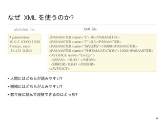 XML ?
• ?

• ?

• ?
plain text ﬁle
# parameters
10 0.5 10000 1000
# mean, error
-10.451 0.043
PARAMETER name=“L”10/PARAMETER
PARAMETER name=“T”0.5/PARAMETER
PARAMETER name=“SWEEPS”10000/PARAMETER
PARAMETER name=“THERMALIZATION”1000/PARAMETER
AVERAGE name=“Energy”
MEAN -10.451 /MEAN
ERROR 0.043 /ERROR
/AVERAGE
XML ﬁle
36
 