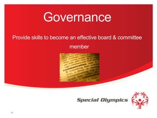 Governance
Provide skills to become an effective board & committee

member

13

 