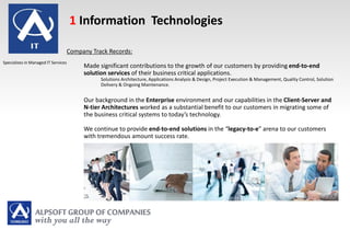 Specializes in Managed IT Services
Company Track Records:
Made significant contributions to the growth of our customers by providing end-to-end
solution services of their business critical applications.
Solutions Architecture, Applications Analysis & Design, Project Execution & Management, Quality Control, Solution
Delivery & Ongoing Maintenance.
Our background in the Enterprise environment and our capabilities in the Client-Server and
N-tier Architectures worked as a substantial benefit to our customers in migrating some of
the business critical systems to today’s technology.
We continue to provide end-to-end solutions in the “legacy-to-e” arena to our customers
with tremendous amount success rate.
1 Information Technologies
 