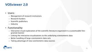 VOSviewer 2.0
• Users:
– Management of research institutions
– Research funders
– Scientific publishers
– Industry
• Funct...