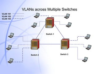 VLANs across Multiple Switches Switch 1 Switch 2 Switch 3 VLAN 101 VLAN 102 VLAN 103 