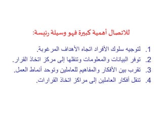 ‫ئيسة‬‫ر‬ ‫وسيلة‬ ‫فهو‬‫كبيرة‬ ‫أهمية‬ ‫لالتصال‬:
.1‫المرغوبة‬ ‫األهداف‬ ‫اتجاه‬ ‫األفراد‬ ‫سلوك‬ ‫لتوجيه‬.
.2‫ا‬ ‫اتخاذ‬ ‫مركز‬ ‫إلى‬ ‫وتنقلها‬ ‫والمعلومات‬ ‫البيانات‬ ‫توفر‬‫لقرار‬.
.3‫أنماط‬ ‫وتوحد‬ ‫للعاملين‬ ‫والمفاهيم‬ ‫األفكار‬ ‫بين‬ ‫تقرب‬‫العمل‬.
.4‫القرارات‬ ‫اتخاذ‬ ‫مراكز‬ ‫إلى‬ ‫العاملين‬ ‫أفكار‬ ‫تنقل‬.
 