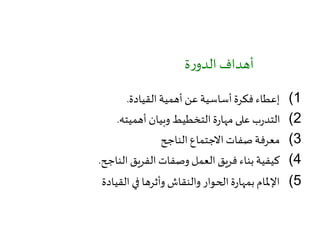 (1‫القيادة‬ ‫أهمية‬ ‫عن‬ ‫أساسية‬‫فكرة‬ ‫إعطاء‬.
(2‫أهميته‬ ‫وبيان‬ ‫التخطيط‬ ‫ة‬‫ر‬‫مها‬ ‫على‬ ‫ب‬‫ر‬‫التد‬.
(3‫الناجح‬ ‫االجتماع‬ ‫صفات‬ ‫معرفة‬
(4‫الناجح‬ ‫الفريق‬ ‫وصفات‬ ‫العمل‬ ‫فريق‬ ‫بناء‬ ‫كيفية‬.
(5‫القيادة‬ ‫في‬ ‫وأثرها‬ ‫والنقاش‬ ‫الحوار‬‫ة‬‫ر‬‫بمها‬ ‫اإلملام‬
‫ة‬‫ر‬‫الدو‬ ‫أهداف‬
 