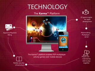 TECHNOLOGY
2D game engine
for rapid
development
Matchmaking
Multiplayer
server
Players are
matched by
skill to play
togetherMySQL and php
infrastructure
Appstore/Playstore
Billing
The Karma™ Platform
The Karma™ platform enables P2P multiplayer
activity games over mobile devices
 