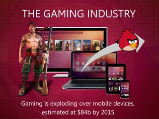 THE GAMING INDUSTRY
Gaming is exploding over mobile devices,
estimated at $84b by 2015
 
