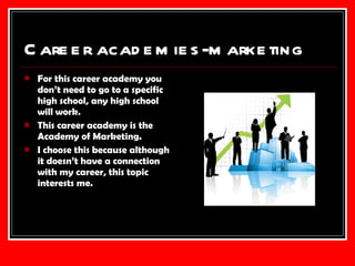 Career academies-marketing For this career academy you don’t need to go to a specific high school, any high school will work. This career academy is the Academy of Marketing. I choose this because although it doesn’t have a connection with my career, this topic interests me. 