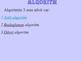 Alqoritmin 3 əsas növü var:
1.Xətti alqoritm
2.Budaqlanan alqoritm
3.Dövri alqoritm
 