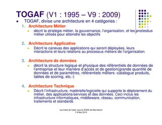 TOGAF (V1 : 1995 – V9 : 2009)
  TOGAF, divise une architecture en 4 catégories :
 1. Architecture Métier
       décrit la stratégie métier, la gouvernance, l’organisation, et les processus
       métier utilisés pour atteindre les objectifs

 2. Architecture Applicative
       Décrit le canevas des applications qui seront déployées, leurs
       interactions et leurs relations au processus métiers de l’organisation.

 3. Architecture de données
       décrit la structure logique et physique des référentiels de données de
       l’entreprise et leur manière d’accès et de gestion(grande quantité de
       données et de paramètres, référentiels métiers -catalogue produits,
       tables de scoring, etc.-)

 4. Architecture Technique
       Décrit l’infrastructure, matérielle/logicielle qui supporte le déploiement du
       métier, des applications/services et des données. Ceci inclus les
       infrastructure informatiques, middleware, réseau, communication,
       traitements et standards

                       Journées de l'open source ENSA de Marrakech
                                        7-8 Mai 2010
 