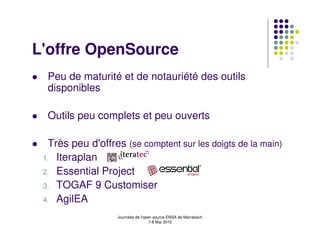 L'offre OpenSource
  Peu de maturité et de notauriété des outils
  disponibles

  Outils peu complets et peu ouverts

  Très peu d'offres (se comptent sur les doigts de la main)
 1. Iteraplan
 2. Essential Project
 3. TOGAF 9 Customiser
 4. AgilEA

                   Journées de l'open source ENSA de Marrakech
                                    7-8 Mai 2010
 