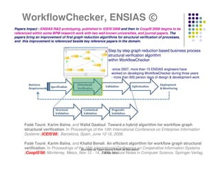 WorkflowChecker, ENSIAS ©
Papers Impact : ENSIAS R&D prototyping, published in ICEIS’2008 and then in CoopIS’2008 begins to be
referenced within some BPM research work with two well known universities, and journal papers. The
papers bring an improvement of first graph reduction algorithms for structural verification of processes,
and this improvement is referenced beside key reference papers in the domain.

                                                           Step by step graph reduction based business process
                                                           structural verification algorithm
                                                           within WorkflowChecker

                                                             -since 2007, more than 15 ENSIAS engineers have
                                                             worked on developing WorkflowChecker during three years
                                                             - more than 600 person days of design & development work




      Fodé Touré, Karim Baïna, and Walid Gaaloul. Toward a hybrid algorithm for workflow graph
      structural verification. In Proceedings of the 10th International Conference on Enterprise Information
      Systems (ICEIS'08), Barcelona, Spain, June 12-16, 2008.

      Fodé Touré, Karim Baïna, and Khalid Benali. An efficient algorithm for workflow graph structural
      verification. In Proceedings of the 16th de l'open source ENSA de Marrakech Cooperative Information Systems
                                        Journées International Conference on
      (CoopIS'08) Monterrey, Meico, Nov 12 - 14, 2008, Lecture Notes in Computer Science. Springer-Verlag.
                                                       7-8 Mai 2010
 