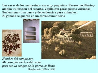 Hombre del campo soy.
Mi casa por cierto está vacía
pero con la sangre de la parra, se llena
Ibn Quzmán (1078 ­ 1180)
Las casas de los campesinos son muy pequeñas. Escaso mobiliario y 
amplia utilización del esparto. Vajilla con pocas piezas vidriadas. 
Suelen tener una parra y dependencias para animales. 
El ganado se guarda en un corral comunitario
 