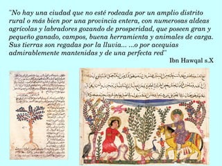 "No hay una ciudad que no esté rodeada por un amplio distrito 
rural o más bien por una provincia entera, con numerosas aldeas 
agrícolas y labradores gozando de prosperidad, que poseen gran y 
pequeño ganado, campos, buena herramienta y animales de carga. 
Sus tierras son regadas por la lluvia... ...o por acequias 
admirablemente mantenidas y de una perfecta red"
Ibn Hawqal s.X 
 