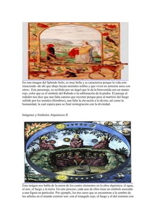 En esta imagen del Splendo Solis, es muy bella y se caracteriza porque la vida esta
renaciendo -de ahí que abajo hayan animales nobles y que viven en armonía unos con
otros-. Este personaje, es recibido por un ángel que le da la bienvenida con un manto
rojo, color que es el símbolo del Rubedo o la sublimación de la piedra. El paisaje al
rededor nos dice que aun falta camino que recorrer porque pese al martirio del fuego
sufrido por los metales (Hombres), aun falta la elevación a lo divino, tal como la
humanidad, la cual espera para su final reintegración con la divinidad.


Imágenes y Simbolos Alquimicos II




Esta imágen nos habla de la union de los cuatro elementos en la obra alquimica: el agua,
el aire, el fuego y la tierra. En este proceso, cada uno de ellos tiene un simbolo asociado
a una figura en particular. Por ejemplo, los tres seres que se encuentran a la sombre de
los arboles en el mundo exterior son: con el triangulo rojo, el fuego y el del extremo con
 