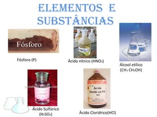 Elementos  e Substâncias  Álcool etílico (CH 3  CH 2 OH)  Ácido nítrico (HNO 3 ) Fósforo (P)  Ácido Sulfúrico (H 2 SO 4 ) Ácido Clorídrico(HCl) 