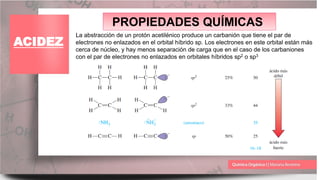 PROPIEDADES QUÍMICAS
ACIDEZ
La abstracción de un protón acetilénico produce un carbanión que tiene el par de
electrones no enlazados en el orbital híbrido sp. Los electrones en este orbital están más
cerca de núcleo, y hay menos separación de carga que en el caso de los carbaniones
con el par de electrones no enlazados en orbitales híbridos sp2 o sp3
 