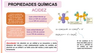 ¿Cómo podemos
justificar el hecho de
que el hidrógeno
ligado a un carbono
de triple enlace sea
especialmente ácido?
¿Cómo podemos
explicar que el
acetileno sea un ácido
más fuerte que el
etano, por ejemplo?
PROPIEDADES QUÍMICAS
Cada orbital híbrido sp
tiene un 50% de carácter
s y un 50% de carácter p.
Cada orbital híbrido sp3
tiene un 25% de carácter
s y un 75% de carácter p.
¡Recordando! Un electrón en un orbital p se encuentra a cierta
distancia del núcleo y está relativamente suelto; en cambio, un
electrón en un orbital s se halla cerca del núcleo y está sujeto más
firmemente
El ion acetiluro es la
base más débil, pues su
par de e-, ubicado en
un orbital sp, está
sujeto más firmemente
CH3CH2:H CH3CH2 :
ACIDEZ
 