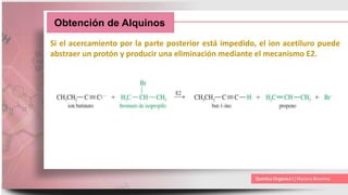 Obtención de Alquinos
Si el acercamiento por la parte posterior está impedido, el ion acetiluro puede
abstraer un protón y producir una eliminación mediante el mecanismo E2.
 
