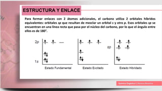 ESTRUCTURA Y ENLACE
Para formar enlaces con 2 átomos adicionales, el carbono utiliza 2 orbitales híbridos
equivalentes: orbitales sp que resultan de mezclar un orbital s y otro p. Esos orbitales sp se
encuentran en una línea recta que pasa por el núcleo del carbono, por lo que el ángulo entre
ellos es de 180°.
 