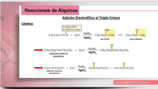 Reacciones de Alquinos
Adición Electrofílica al Triple Enlace
HgSO4
HgSO4
HgSO4
EJEMPLO
 