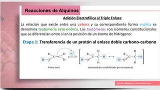 Reacciones de Alquinos
Adición Electrofílica al Triple Enlace
La relación que existe entre una cetona y su correspondiente forma enólica se
denomina tautomería ceto-enólica. Los tautómeros son isómeros constitucionales
que se diferencian entre sí en la posición de un átomo de hidrógeno:
Etapa 1: Transferencia de un protón al enlace doble carbono-carbono
 