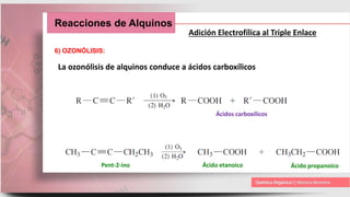 Reacciones de Alquinos
Adición Electrofílica al Triple Enlace
6) OZONÓLISIS:
La ozonólisis de alquinos conduce a ácidos carboxílicos
Ácidos carboxílicos
Pent-2-ino Ácido etanoico Ácido propanoico
 