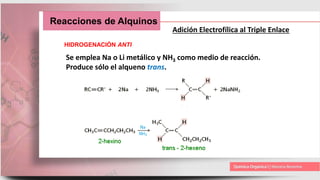 Reacciones de Alquinos
Adición Electrofílica al Triple Enlace
Se emplea Na o Li metálico y NH3 como medio de reacción.
Produce sólo el alqueno trans.
HIDROGENACIÓN ANTI
 
