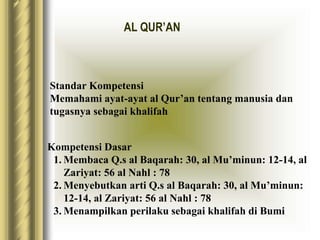 Standar Kompetensi
Memahami ayat-ayat al Qur’an tentang manusia dan
tugasnya sebagai khalifah
Kompetensi Dasar
1. Membaca Q.s al Baqarah: 30, al Mu’minun: 12-14, al
Zariyat: 56 al Nahl : 78
2. Menyebutkan arti Q.s al Baqarah: 30, al Mu’minun:
12-14, al Zariyat: 56 al Nahl : 78
3. Menampilkan perilaku sebagai khalifah di Bumi
AL QUR’AN
 