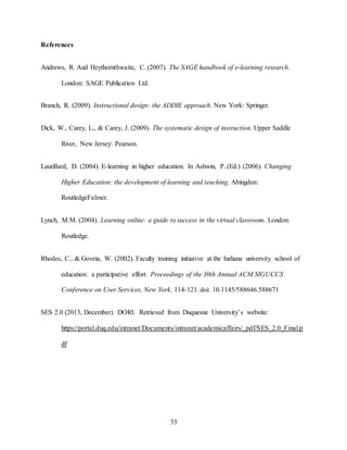 33
References
Andrews, R. And Heythornthwaite, C. (2007). The SAGE handbook of e-learning research.
London: SAGE Publication Ltd.
Branch, R. (2009). Instructional design: the ADDIE approach. New York: Springer.
Dick, W., Carey, L., & Carey, J. (2009). The systematic design of instruction. Upper Saddle
River, New Jersey: Pearson.
Laurillard, D. (2004). E-learning in higher education. In Ashwin, P. (Ed.) (2006). Changing
Higher Education: the development of learning and teaching. Abingdon:
RoutledgeFalmer.
Lynch, M.M. (2004). Learning online: a guide to success in the virtual classroom. London:
Routledge.
Rhodes, C., & Goveia, W. (2002). Faculty training initiative at the Indiana university school of
education: a participative effort. Proceedings of the 30th Annual ACM SIGUCCS
Conference on User Services, New York, 114-121. doi: 10.1145/588646.588671
SES 2.0 (2013, December). DORI. Retrieved from Duquesne University’s website:
https://portal.duq.edu/intranet/Documents/intranet/academicaffairs/_pdf/SES_2.0_Final.p
df
 