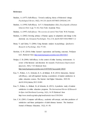 15
References
Bandura, A. (1977). Self-efficacy: Toward a unifying theory of behavioral change.
Psychological Review, 84(2), 191-215. doi:10.1037/0033-295X.84.2.191
Bandura, A. (1994). Self-efficacy. In V. S. Ramachaudran (Ed.), Encyclopedia of human
behavior (Vol. 4, pp. 71–81). New York: Academic Press.
Bandura, A. (1997). Self-efficacy: The exercise of control. New York: W.H. Freeman.
Bandura, A. (2002). Growing primacy of human agency in adaptation and change in the
electronic era. European Psychologist, 7(1), 2-16. doi:10.1027//1016-9040.7.1.2
Braun, V. and Clarke, V. (2006). Using thematic analysis in psychology. Qualitative
Research in Psychology. 3(2), 77-101.
Hawkins, G. W. (2010). Online learners' expectations and learning outcomes. ProQuest
LLC, Retrieved from http://search.proquest.com/docview/288193817
Hodges, C. B. (2008). Self-efficacy in the context of online learning environments: A
review of the literature and directions for research. Performance Improvement
Quarterly, 20(3), 7-25. Retrieved from
http://search.proquest.com/docview/218576581?accountid=10610
Kuo, Y., Walker, A. E., Schroder, K. E., & Belland, B. R. (2014). Interaction, Internet
self-efficacy, and self-regulated learning as predictors of student satisfaction in
online education courses. The Internet And Higher Education, 2035-50.
doi:10.1016/j.iheduc.2013.10.001
Kuo, Y., Walker, A., Belland, B., & Schroder, K. (2013). A predictive study of student
satisfaction in online education programs. The International Review Of Research
In Open And Distributed Learning, 14(1), 16-39. Retrieved from
http://www.irrodl.org/index.php/irrodl/article/view/1338/2416
Lim, C. K. (2001). Computer self-efficacy, academic self-concept, and other predictors of
satisfaction and future participation of adult distance learners. The American
Journal of Distance Education, 15(2), 41–50.
 