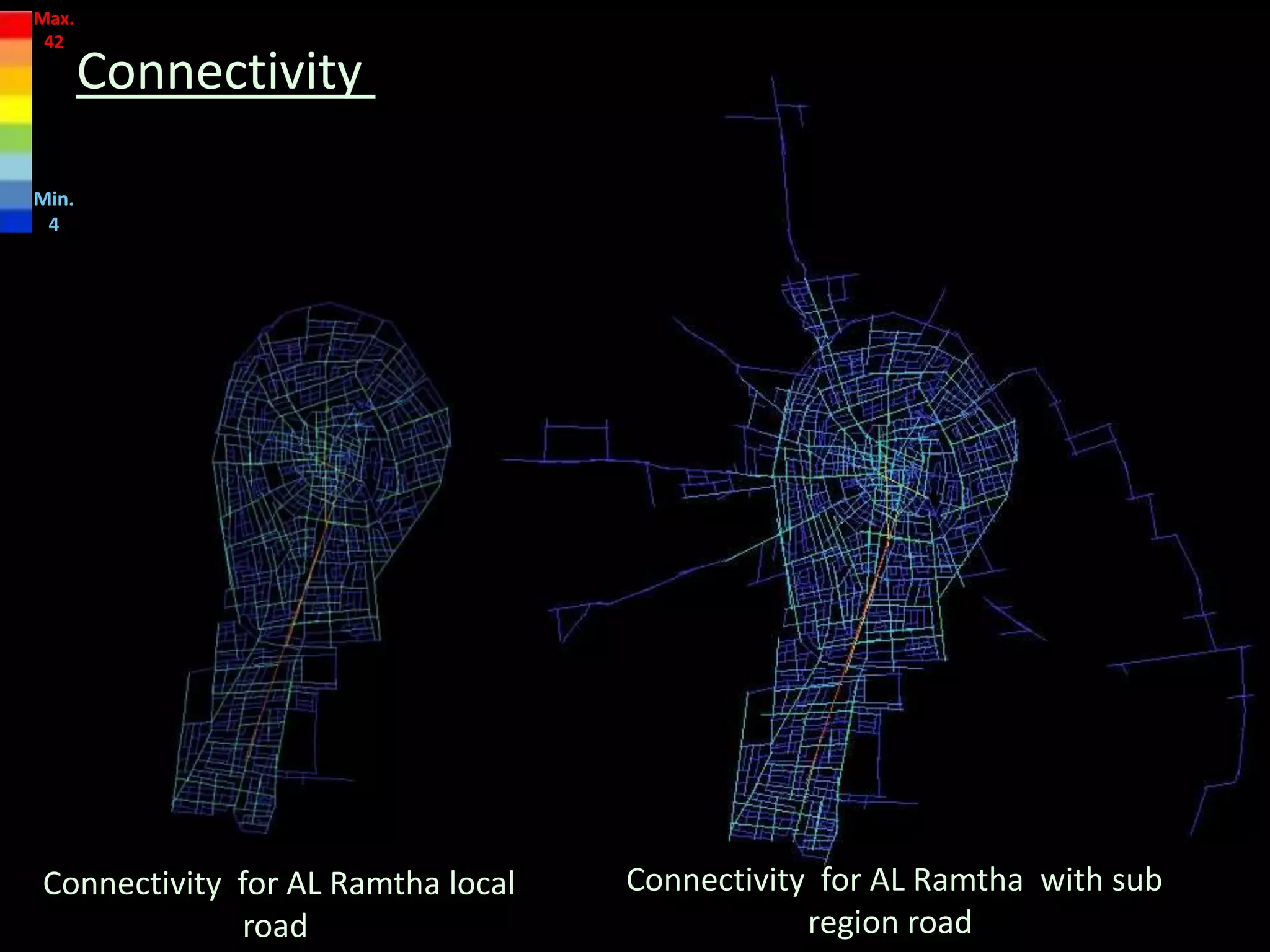 Connectivity for AL Ramtha local
road
Connectivity for AL Ramtha with sub
region road
Max.
42
Min.
4
Connectivity
 
