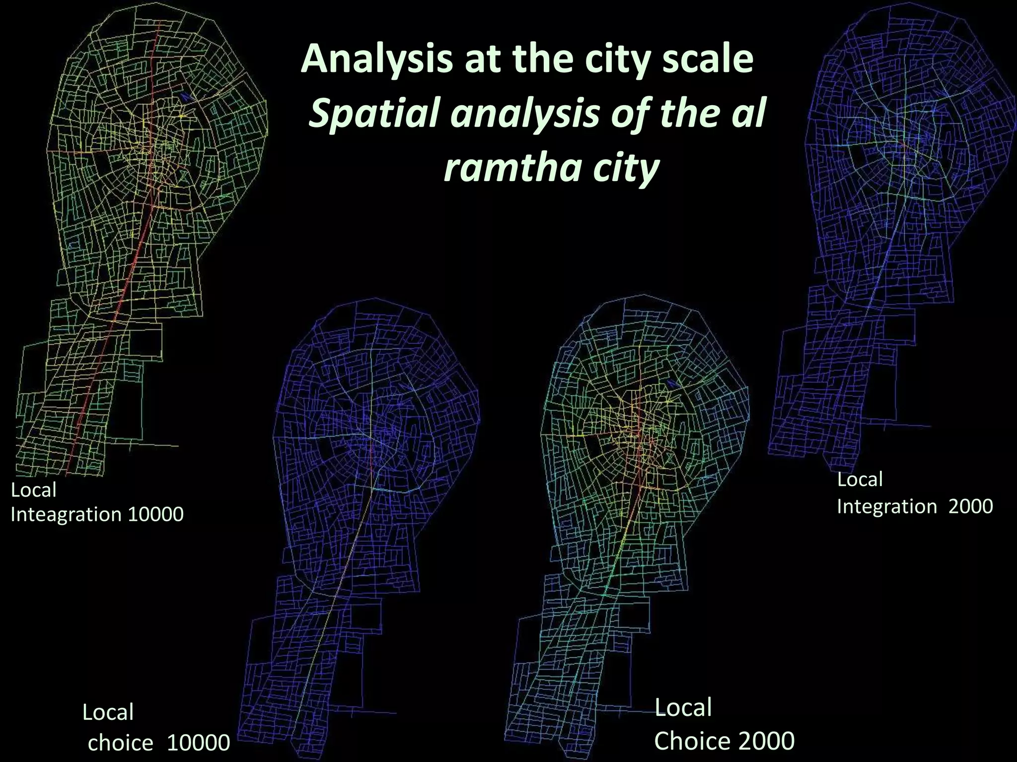 Local
choice 10000
Local
Integration 2000
Local
Inteagration 10000
Local
Choice 2000
Spatial analysis of the al
ramtha city
Analysis at the city scale
 