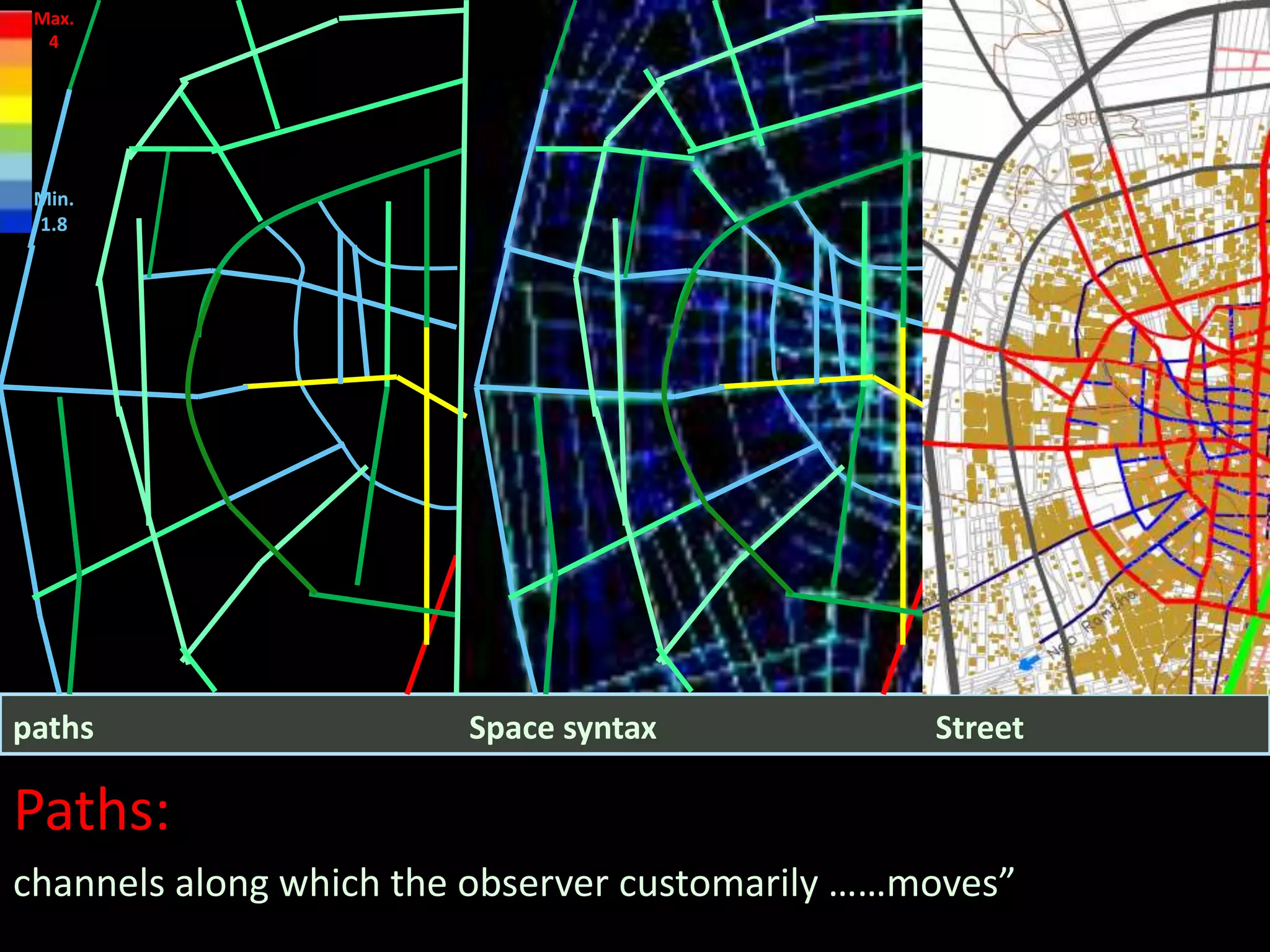 StreetSpace syntaxpaths
Paths:
channels along which the observer customarily ……moves”
Max.
4
Min.
1.8
 