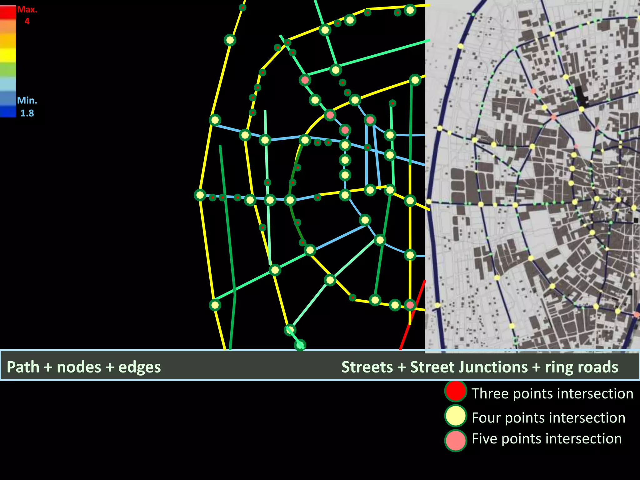 Three points intersection
Four points intersection
Five points intersection
Streets + Street Junctions + ring roadsPath + nodes + edges
Max.
4
Min.
1.8
 