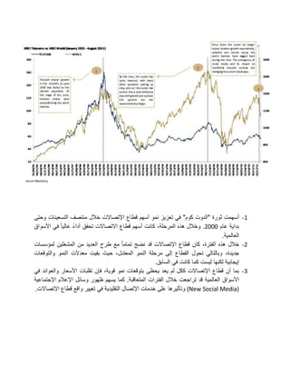 ‫2- أسهمت ثورة "الدوت كوم" فً تعزٌز نمو أسهم قطاع اإلتصاالت خالل منتصف التسعٌنات وحتى‬
‫بداٌة عام 1113. وخالل هذه المرحلة، كانت أسهم قطاع االتصاالت تحقق أداء عالٌا فً األسواق‬
                                                                                  ‫العالمٌة.‬
‫3- خالل هذه الفترة، كان قطاع اإلتصاالت قد نضج تماما مع طرح العدٌد من المشغلٌن لمؤسسات‬
‫جدٌدة، وبالتالً تحول القطاع إلى مرحلة النمو المعتدل، حٌث بقٌت معدالت النمو والتوقعات‬
                                                     ‫إٌجابٌة لكنها لٌست كما كانت فً السابق.‬
‫4- بما أن قطاع اإلتصاالت ككل لم ٌعد ٌحظى بتوقعات نمو قوٌة، فإن تقلبات األسعار والعوائد فً‬
‫األسواق العالمٌة قد تراجعت خالل الفترات المتعاقبة. كما ٌسهم ظهور وسائل اإلعالم اإلجتماعٌة‬
‫)‪ (New Social Media‬وتأثٌرها على خدمات اإلتصال التقلٌدٌة فً تغٌٌر واقع قطاع اإلتصاالت.‬
 