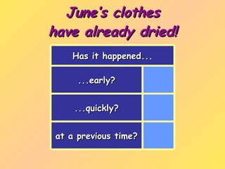 June’s clothes have already dried! at a previous time? ...quickly? ...early? Has it happened... 