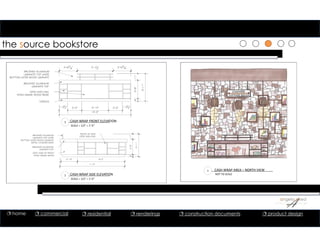 the source bookstore
1 CASH WRAP AREA – NORTH VIEW
NOT TO SCALE
1 CASH WRAP FRONT ELEVATION
SCALE = 1/2” = 1’‐0”
1 CASH WRAP SIDE ELEVATION
SCALE = 1/2” = 1’‐0”
10'-3"
1'-21
2" 2'-0" 3'-10" 2'-0" 1'-21
2"
3'-11"
4"2'-8"11"
2'-63
4" 5'-11
2" 2'-63
4"
TOEKICK
OPEN SHELVING
STAIN GRADE WOOD BASE
BRUSHED ALUMINUM
LAMINATE TOP
BRUSHED ALUMINUM
LAMINATE TOP LAYER
BOTTOM LAYER WOOD LAMINATE
11'-2"
3'-11"
4"2'-8"11"
8'-2"2'-10"
EAST SIDE OF FRONT
STAIN GRADE WOOD
FRONT OF SIDE
OPEN SHELVING
BRUSHED ALUMINUM
LAMINATE TOP LAYER
BOTTOM LAYER WOOD LAMINATE
METAL CYLINDER BASE
BRUSHED ALUMINUM
LAMINATE TOP
 home  commercial  residential  renderings  construction documents  product design
 