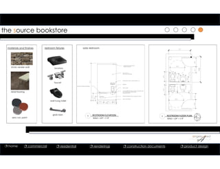 the source bookstore
zero voc paint
materials and finishes
1 RESTROOM FLOOR PLAN
SCALE = 1/4” = 1’‐0”
1 RESTROOM ELEVATION
SCALE = 1/4” = 1’‐0”
ada restroom
stone veneer wall
retail flooring
restroom fixtures
grab bars
wall hung toilet
faucet
lavatory
7'-8"
15'-0"
1'-8"
PAINT ON GYP -
SEE FINISH SCHEDULE
SCHEDULED VANITY LIGHT FIXTURE L10
MIRROR
KINGSTON BRASS GRAB BAR
KOHLER BRENHAM WALL MOUNT LAVATORY SINK
W/ SCHEDULED KOHLER FAUCET
INSULATED PIPES
KOHLER KINGSTON WALL HUNG ADA TOILET
VINYL COVE BASE
ACOUSTICAL TILE CEILING
CROWN MOLDING
3'-0"
DECO LINER
1'-6"3'-7"2'-7"
5'-0"
5'-0"
3'-0"3'-0"2'-1"2'-1"
3'-4"3'-4"
3'-0"
1'-9"
2'-9"
3'-101
2"
1'-9"
1'-8"
7'-5"
8'-81
2"
 home  commercial  residential  renderings  construction documents  product design
 