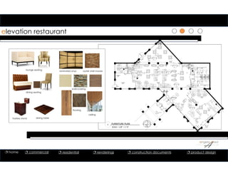 elevation restaurant
lounge seating
dining seating
laminated onyx
wallcovering
oyster shell mosaic
flooring
ceiling
hostess stand dining table
1 FURNITURE PLAN
SCALE = 1/8” = 1’‐0”
WAIT
STATION
STORAGE
3'-2"
3'-0"
WAIT
STATION
SERVIC
E
ADA
COMPLIANCE
ROUTE
7'-4"
3'-0"
3'-0"
5'-0"
4'-51
2"
3'-0"
8'-0" 8'-0"
6'-4"
4'-0"
4'-0"
4'-03
8"
5'-0
58
"
11'-53
8"
7'-1
1 4
"
5'-0"
4'-01
8"
2'-6"2'-6"
4'-9"
4'-37
8"
4'-9"
3'-1
7 8
"
3'-101
8"
5'-8
5 8
"
FE
3'-11
4 "
3'-8"
6'-0"
F1
F2
F2
F2
F2
F3
F3
F4 F4
F4 F4
F4
F4 F4
F3 F3
F3F3
F6 F6 F6
F6
F7 F7
F7 F7 F7
F9
F9
F9 F9 F9
F9
F9
F9
F9
F9
F9
F9
F9F9F9F9F9
F9 F9 F9
F14
F10
F10
F10
F10
F10
F10
F10
F10
F10
F10
F10
F10
F11
F11
F12
F13
F13
F13
F14
F11
F11
F11
F11
F15
F16
F16
F9
LOUNGE
STAFF
RESTROOM
100
101
102
103
106
105
104
111
110
109
108
MEN'S RESTROOM
107
Ø5'-0"Ø5'-0"
Ø5'-0"
Ø5'-0"
Ø5'-0"
Ø5'-0"
Ø5'-0"
Ø5'-0" Ø5'-0"
Ø5'-0"
Ø5'-0"
Ø5'-0"
Ø5'-0"
Ø5'-0"
Ø5'-0"
06/DT2
06/DT3
06/DT4
06/D
T5
5'-
9"
5'-
9"
A
A
A
A
B B
B
B
B
C
C
C
C
C
C
CC
C
C
C
D D
D
D
D
D
D
D
D
D
D
D
D
D
D
D
D
D
E
E
E
E
E
E
E
E
E
E
E
E
F
F
F
F
F
F
F
F
F
F
F
F
F
G
G
G
G
G
H H H
HHH
H
I
I
I
J
J
J
WAITING
GIFT SHOP/CAFE
OFFICE
DINING
WOMEN'S RESTROOM
KITCHEN
BAR
DINING
BACK
BAR
COUNTER
COUNTER
BACK
DIS
PLAY
 home  commercial  residential  renderings  construction documents  product design
 