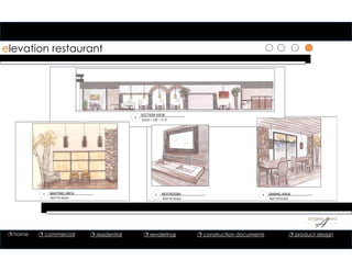 elevation restaurant
1 WAITING AREA
NOT TO SCALE
1 RESTROOM
NOT TO SCALE
1 DINING AREA
NOT TO SCALE
1
SECTION VIEW
SCALE = 1/8” = 1’‐0”
 home  commercial  residential  renderings  construction documents  product design
 