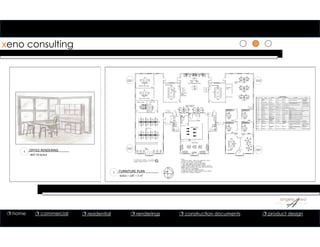 1
xeno consulting
1
1 FURNITURE PLAN
SCALE = 1/8” = 1’‐0”
1 OFFICE RENDERING
NOT TO SCALE
Furniture Schedule
KEY QTY SPACE DESCRIPTION DIMENSIONS MANUFACTURER SUSTAINABILITY REMARKS
F1 59 Collaboration/Meeting
Rooms
Cobi Chair Adjustable Steelcase BIFMA Level 2 Certified; Indoor Air Advantage Gold Platinum Finish with Snow
Fabric; ergonomic
F2 30 Reception Alerion Chair 23 ¾”d x24”w x29
½” h
Steelcase SCS Indoor Advantage Certified Upholstered back on
maple; ergonomic
F3 37 Workstations/Desks ThinkChair Adjustable Steelcase BIFMA Level 3 Certified; Cradle to Cradle Certified;
SCS Indoor Advantage Certified
Platinum finish with Graphite
upholstery ergonomic
F4 12 Waiting and Lounge areas Big Lounge Seating 32”d x66”w x 29”h Turnstone bySteelcase Fabric upholstery contains recycled content Microcosm in Micah Fabric
F5 16 Waiting/Lounge/ThinkTank Alight Round Ottomon 30” diameter, 20” h Turnstone bySteelcase Fabric upholstery contains recycled content Microcosm in Micah Fabric
F6 8 Waiting Area Campfire PrivacyScreens 54”h x30” x34” (L-
shape)
Turnstone bySteelcase Mesh screen in sultrysmoke
F7 6 Waiting/Lounge Area Paper Table 18”d x18”w x 23 ½” h Turnstone bySteelcase Recycled Content
F8 1 Reception Custom Reception Desk 7’-0” x 5’-0” Blueline FSC Wood, Recycled Content
F9 2 Presentation Host Credenza 74”l x 22” h x 27” w Coalesse bySteelcase Recycled Content, Recyclable, Indoor Air Advantage
Certified
Wood veneer with glass
doors
F10 2 Presentation Host Conference Table 14’-0”l x5’-0”w Coalesse bySteelcase Recycled Content, Recyclable, Indoor Air Advantage
Certified
F11 2 Consultation Room Media Space 8’-0”l x4’-0” w Coalesse bySteelcase Recycled Content, Recyclable, Indoor Air Advantage
Certified
F12 1 Meeting Area Get Together 5’-11”w x6’-6” l Steelcase Recycled Content, Recyclable, Indoor Air Advantage
Certified
F13 1 ThinkTank Meeting/Conference
Room 3
9’-11”l x 5’-11” w Steelcase Recycled Content, Recyclable, Indoor Air Advantage
Certified
Upholstered bench seating
F14 1 Meeting Area Meeting/Conference
Room 5-Host Table
10’-0”l x4’-0” w Steelcase Recycled Content, Recyclable, Indoor Air Advantage
Certified
F15 2 setsof 8
stations
Consultation Workstations Let’sGet Focused
Workstations
9.5’ x24’ ea Steelcase Cradle to Cradle, Indoor Air QualityCertification
F16 3 Break Room Round Table 3’-0” diameter Groupworksby
Steelcase
Cradle to Cradle, Indoor Air QualityCertification Height adjustable
F17 5 Break Room Square Table 2’-7”w x 2’-7” l Groupworksby
Steelcase
Cradle to Cradle, Indoor Air QualityCertification Height adjustable
F18 6 Secretarial Area Montage Workstation 6’-0” x 6’-0” L-shape Steelcase Silver Cradle to Cradle Certified, SCSIndoor
Advantage Indoor Air Quality Certified, BIFMA Level
1 Certified
Platinum Trim, Clear Walnut
panel tiles, Elmo Soft White
leather cushion top on
storage
F19 4 Administrative Elective Elements6
Workstation
9’-2” x 8’-’0” Steelcase Silver Cradle to Cradle Certified, SCSIndoor
Advantage Indoor Air Quality Certified, BIFMA Level
1 Certified
Wood veneer,Platinum
finish and trim
F20 2 ThinkTank Alight Table 18”d x18” w x 17” h Steelcase Cradle to Cradle Certified Maple veneer with glasstop
 home  commercial  residential  renderings  construction documents  product design
 