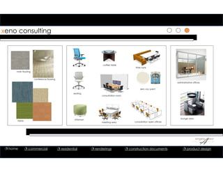 111
xeno consulting
main flooring
fabric
zero voc paint
seating
administrative offices
think tank
meeting area
consultation room
ottoman
coffee table
consultation open offices
lounge area
conference flooring
 home  commercial  residential  renderings  construction documents  product design
 