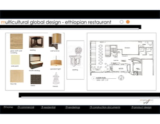 111
multicultural global design - ethiopian restaurant
grass cloth wall
covering
wall paint
seating
seating
mesob
booth seating
pendant light
wall sconce
fabric
floor tile
1 FLOOR PLAN
SCALE = 1/8” = 1’‐0”
 home  commercial  residential  renderings  construction documents  product design
 