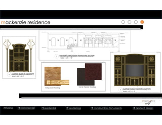 1
1
1
1
mackenzie residence
1 CUSTOM BUILT‐IN ELEVATION
SCALE = 1/2” = 1’‐0”
1 CUSTOM HOME THEATER ELEVATION
SCALE = 1/2” = 1’‐0”
living room flooring
home theater flooring
1 THEATER/LIVING ROOM TRANSVERSE SECTION
SCALE = 1/2” = 1’‐0”
STAINED GLASS STAINED GLASS STAINED GLASS
WOOD BASEBOARD
WOOD CROWN
MOLDING
WROUGHT IRON
ROD WITH FABRIC
WOOD DOOR AND
TRIM DETAIL
SLIDING DOOR
HOME THEATER LIVING ROOM
CROWN MOLDING
BASE MOLDING
 home  commercial  residential  renderings  construction documents  product design
 