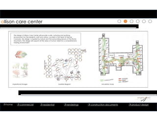 allison care center
bubble diagram
The design of Allison Care Center will provide a safe, nurturing and soothing
environment for the residents, staff and visitors. Located in the heart of Denver,
Colorado, the design is inspired by nature and the surrounding beauty of the Rocky
Mountains. The design will support all the areas of human need for a comprehensive
healing environment.
inspirational images circulation study
 home  commercial  residential  renderings  construction documents  product design
 