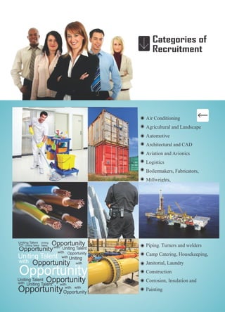 Air Conditioning
Agricultural and Landscape
Automotive
Architectural and CAD
Aviation and Avionics
Logistics
Boilermakers, Fabricators,
Millwrights,
Piping. Turners and welders
Camp Catering, Housekeeping,
Janitorial, Laundry
Construction
Corrosion, Insulation and
Painting
Uniting Talent
with
Opportunity
Uniting Talent
with
Opportunity
Uniting Talent
with
Opportunity
Uniting Talent with
Opportunity
withOpportunity
Uniting Talent Opportunitywith
with
Uniting Talent
Opportunity
with
Opportunity
with with
Uniting
Uniting
Talent
 