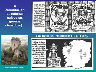 A
  substitución
   da nobreza
   galega (as
     guerras
  dinásticas)...


                            e as Revoltas Irmandiñas (1461-1467).




Castelo de Narahío (Neda)
 
